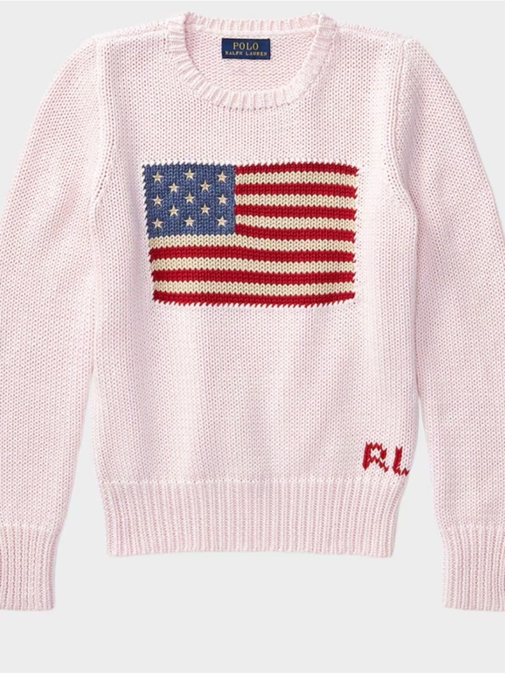 Polo by Ralph Lauren Pale Pink Crewneck Sweater with Flag Intarsia